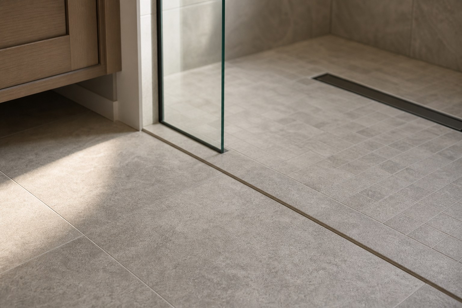 Slip-resistant bathroom floor tile transitioning into a curbless shower in a Chester County PA home