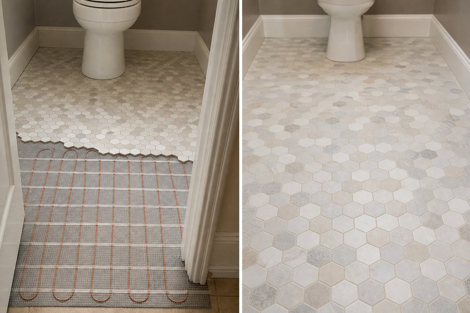 Hexagon mosaic bathroom floor tile installation with radiant heat in a Chester County PA powder room