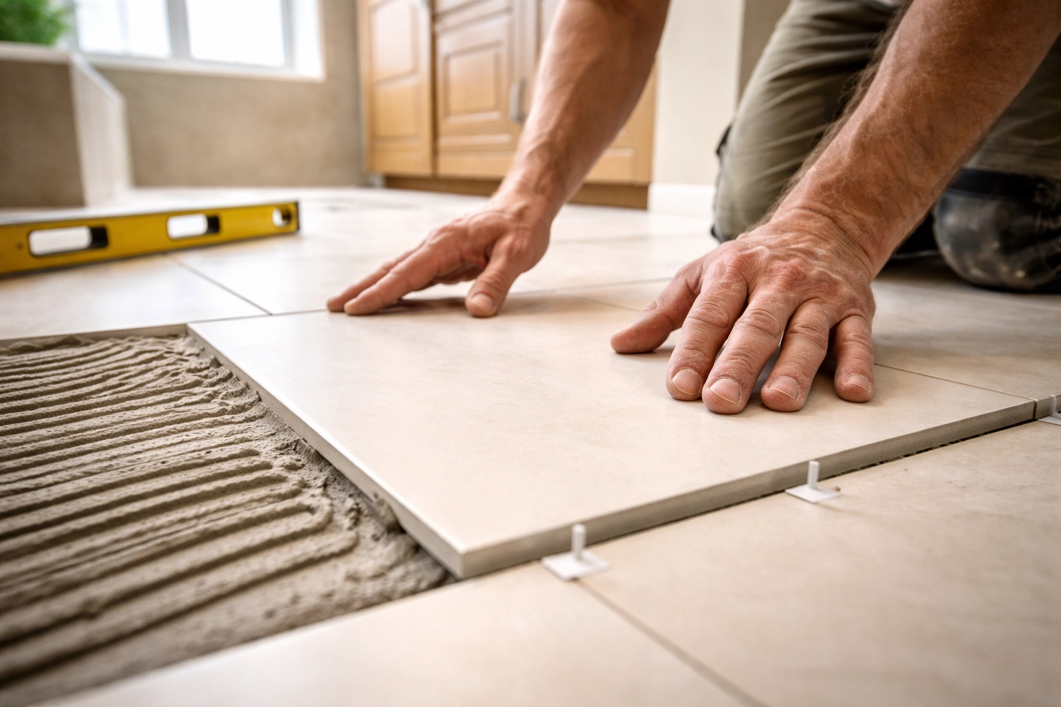 A tile installer carefully placing large format porcelain tile on a Delaware County PA bathroom floor