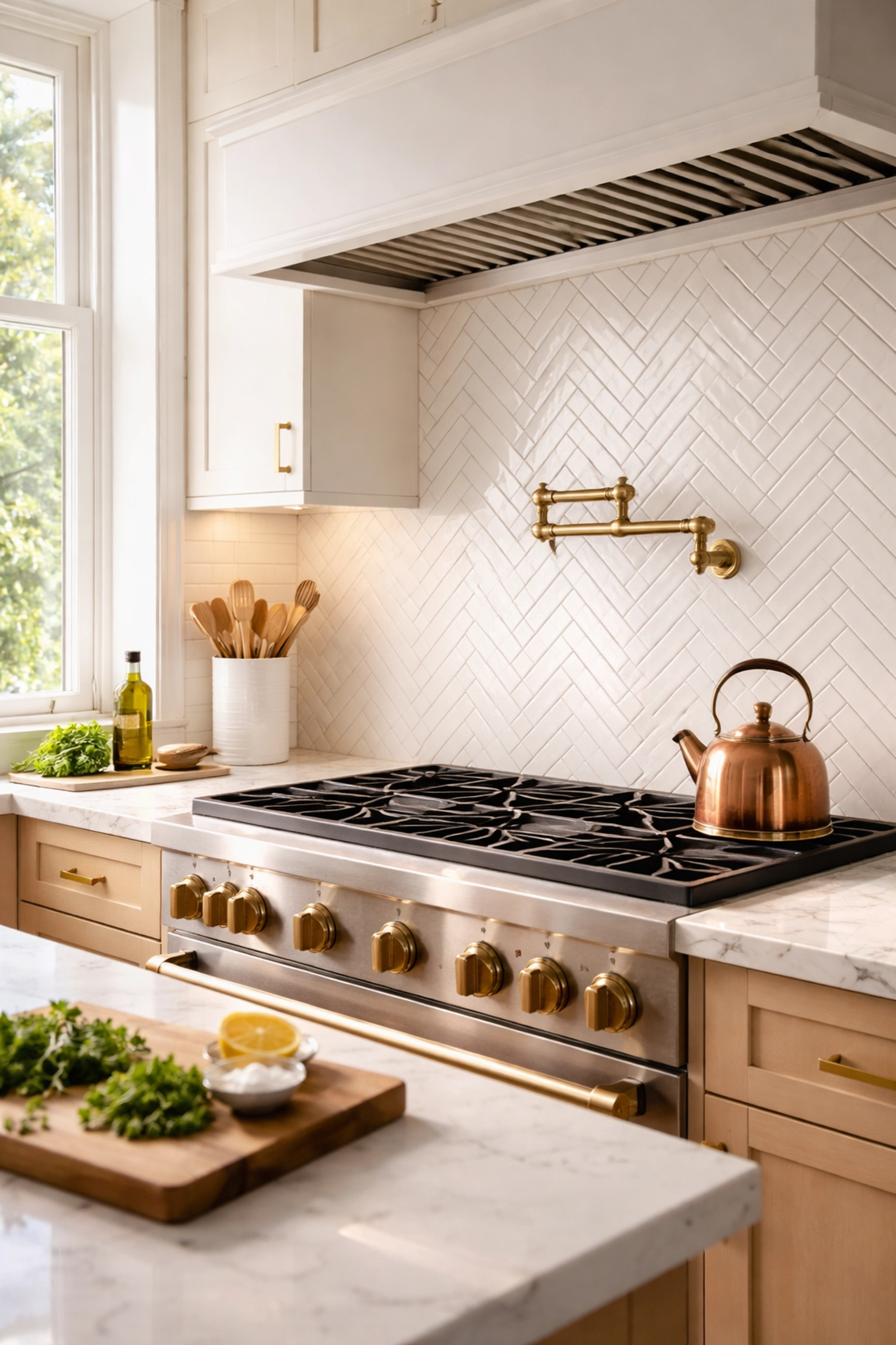 Completed kitchen backsplash installation with white herringbone tile in a modern Pennsylvania home