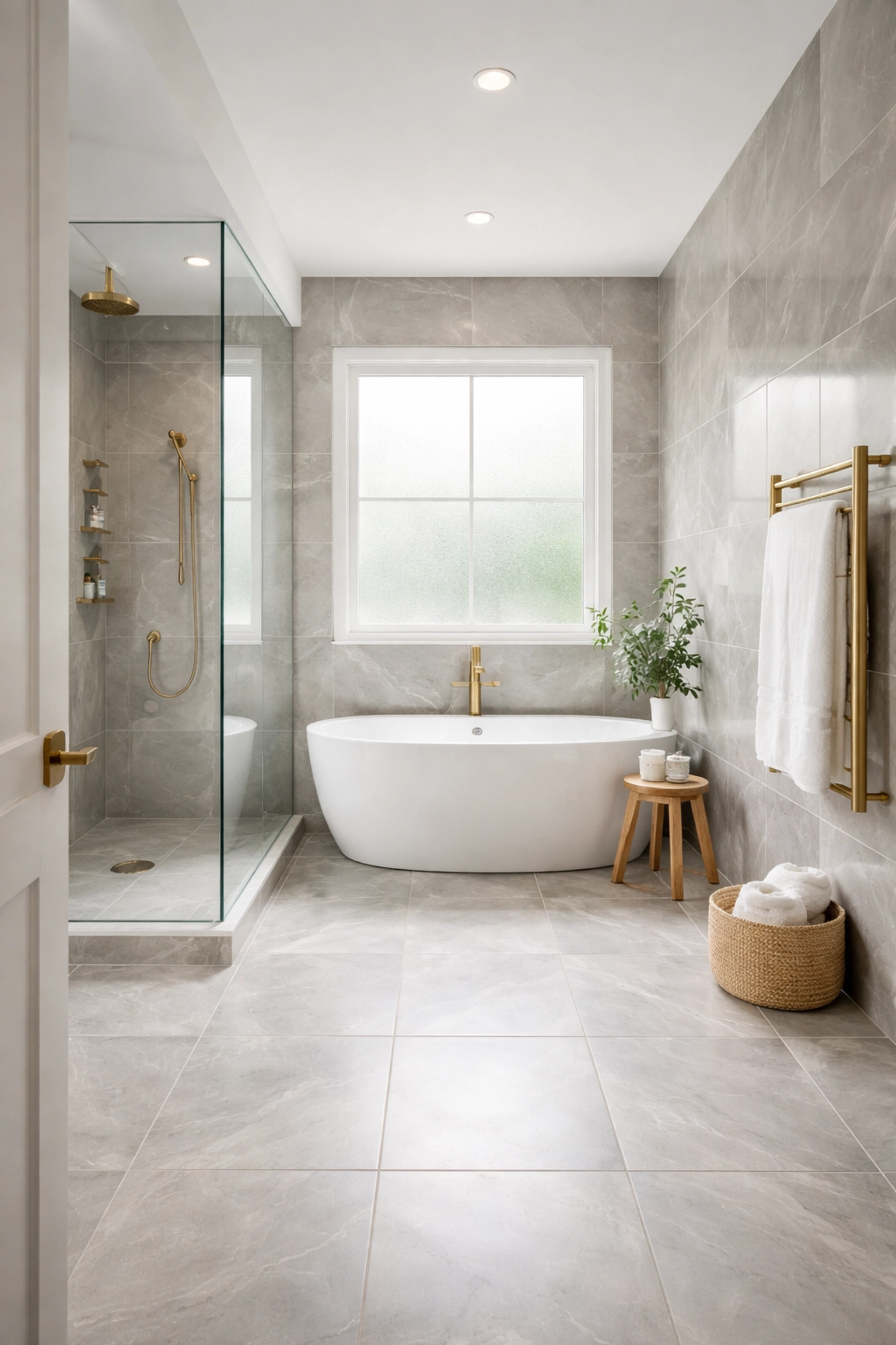 Luxurious master bathroom with large format porcelain tiles and elegant fixtures in Delaware County PA