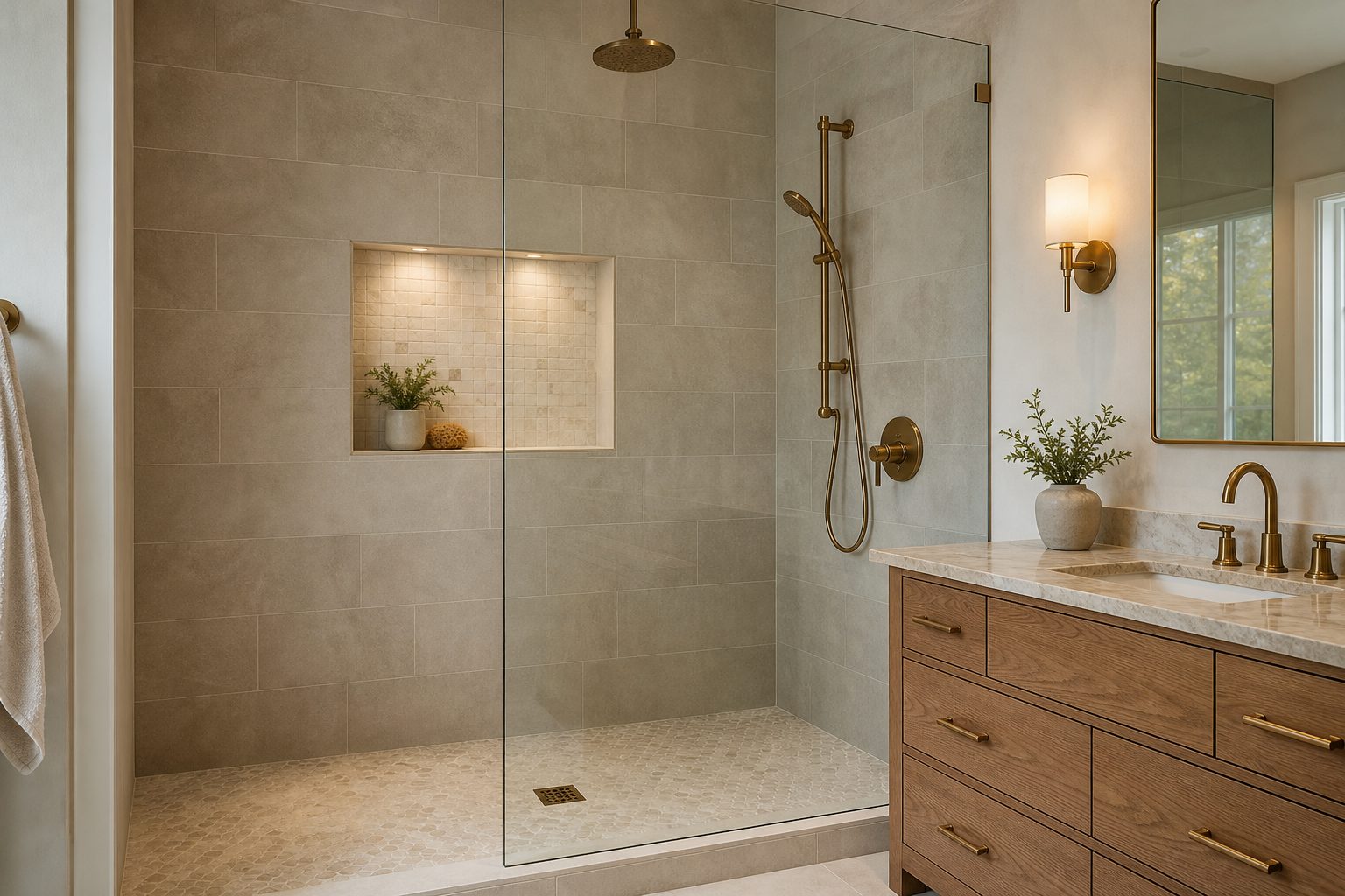 Greige bathroom tile color palette with warm ivory mosaic niche in a Chester County home