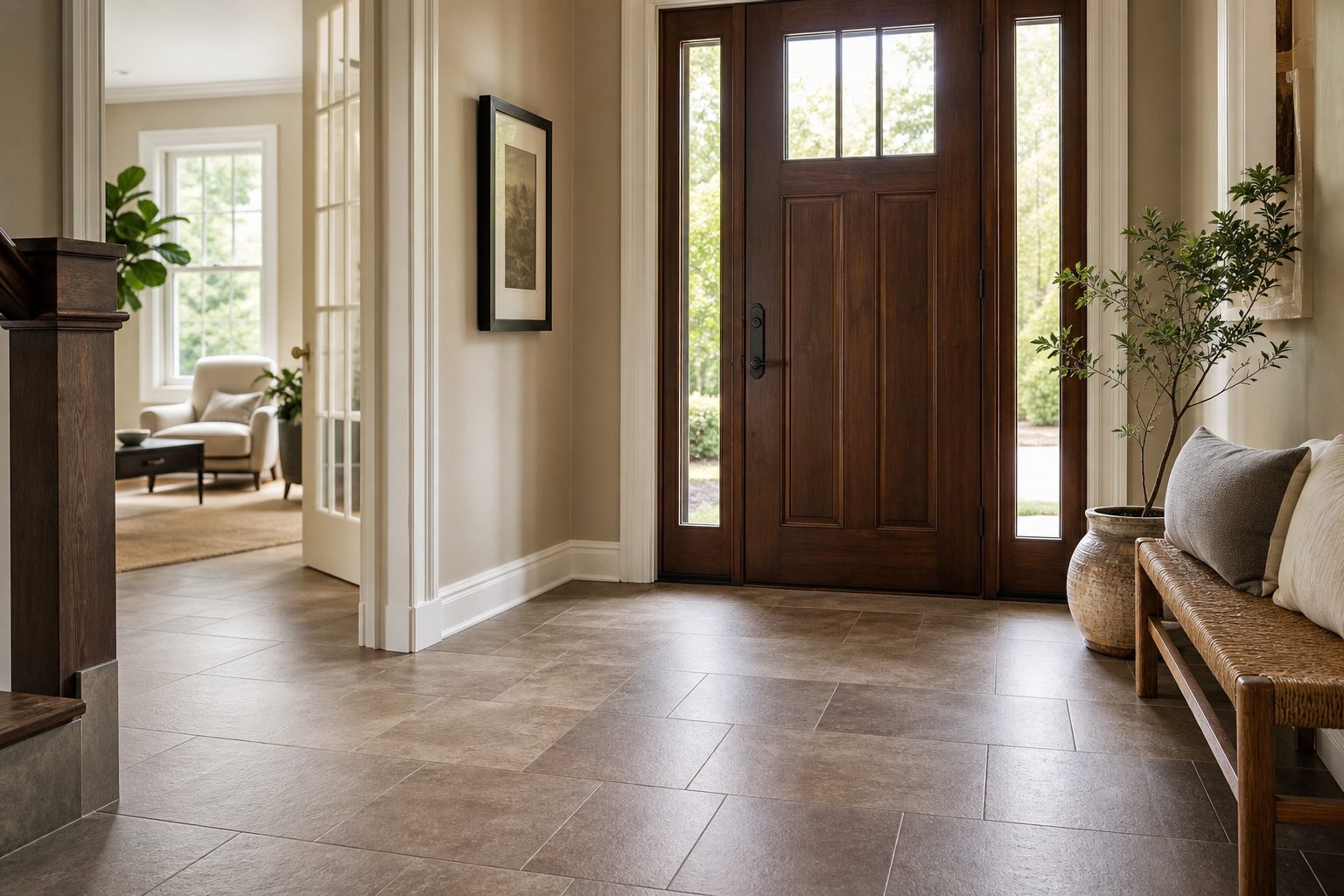 Warm-neutral porcelain entryway floor tile palette in a Chester County Pennsylvania home