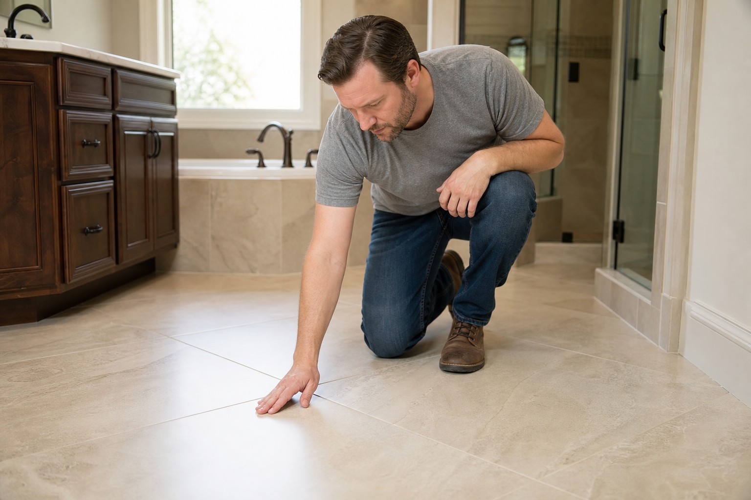 Homeowner running a fall tile maintenance checklist inspection on bathroom grout lines in a Chester County PA home