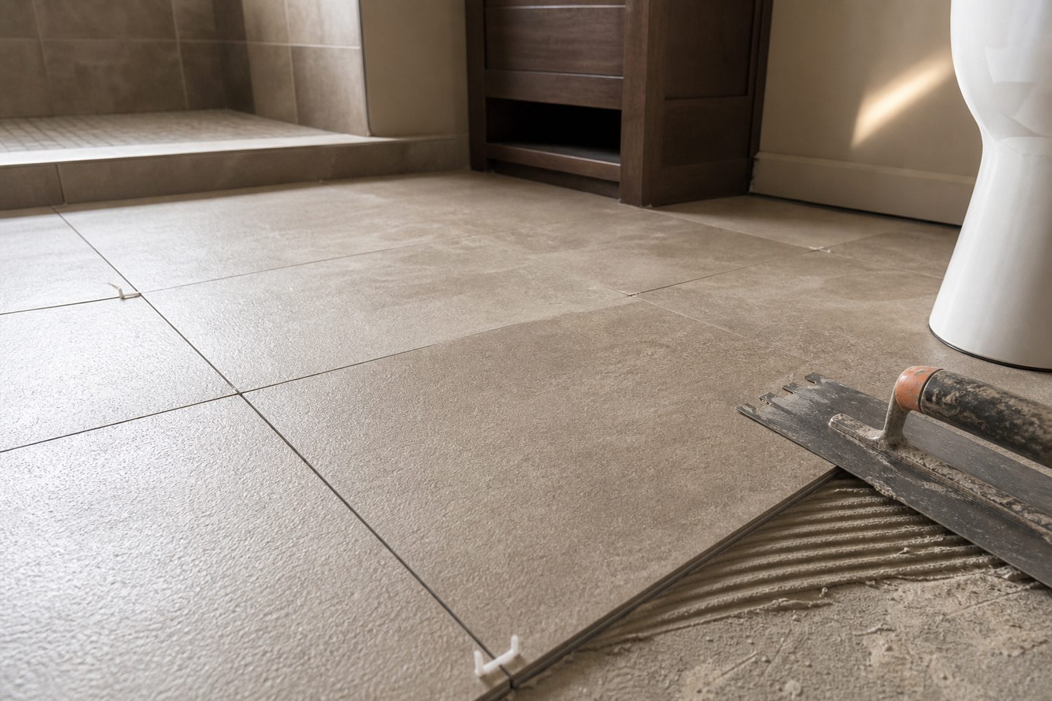 Installer setting durable slip-resistant family bathroom tile flooring in a Chester County PA home