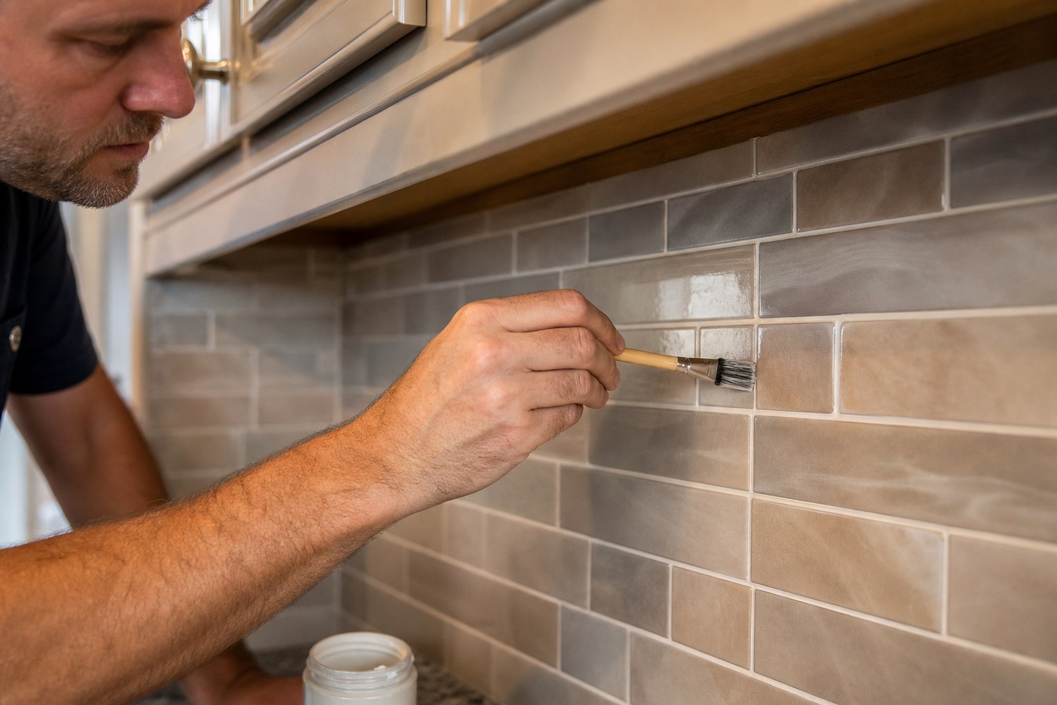 Grout sealing Chester County PA kitchen backsplash being treated with sealant