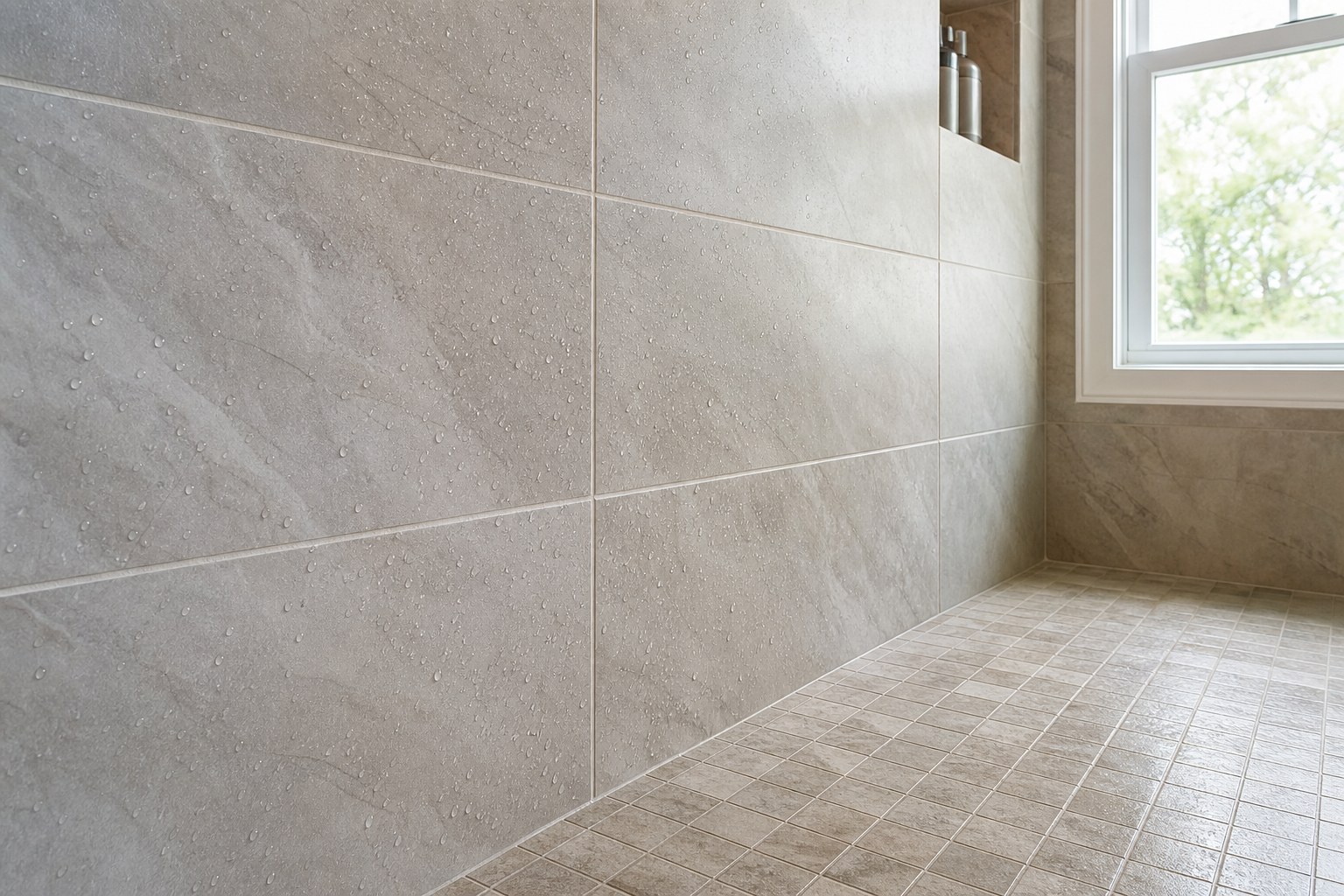 Sealed grout lines on a tiled shower floor and wall in a Chester County PA bathroom