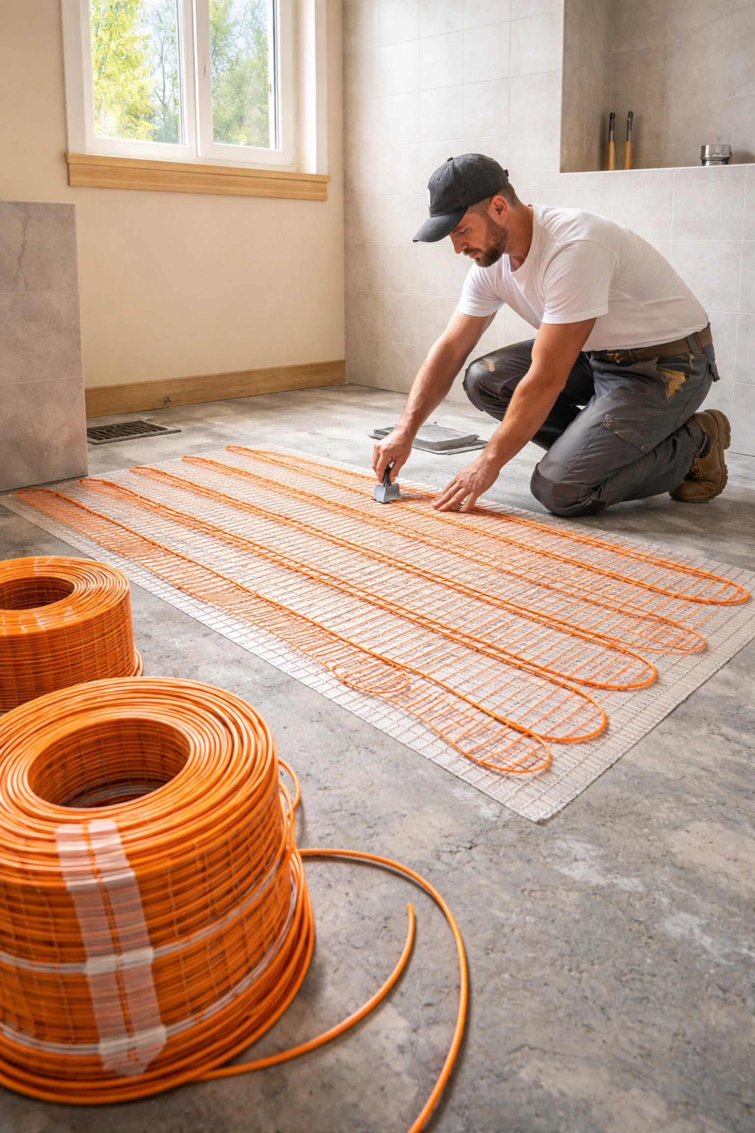 Professional installer laying electric radiant heating cables beneath tile flooring during a Montgomery County, Pennsylvania bathroom remodel, showing the installation process for heated bathroom floors Montgomery County PA.