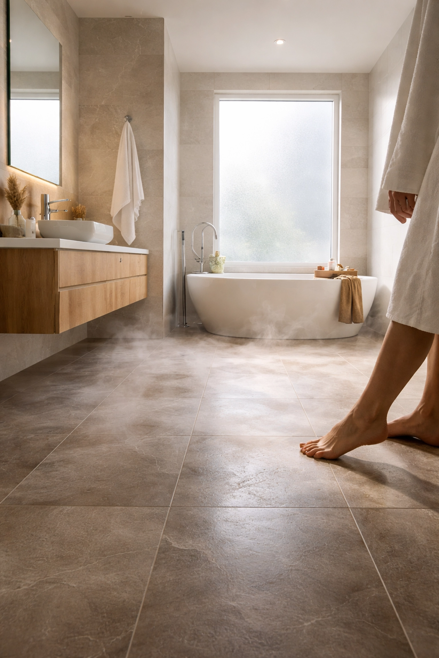 Person stepping onto warm tile flooring in a luxury Montgomery County, Pennsylvania bathroom, illustrating comfort and everyday benefits of heated bathroom floors Montgomery County PA during colder months.