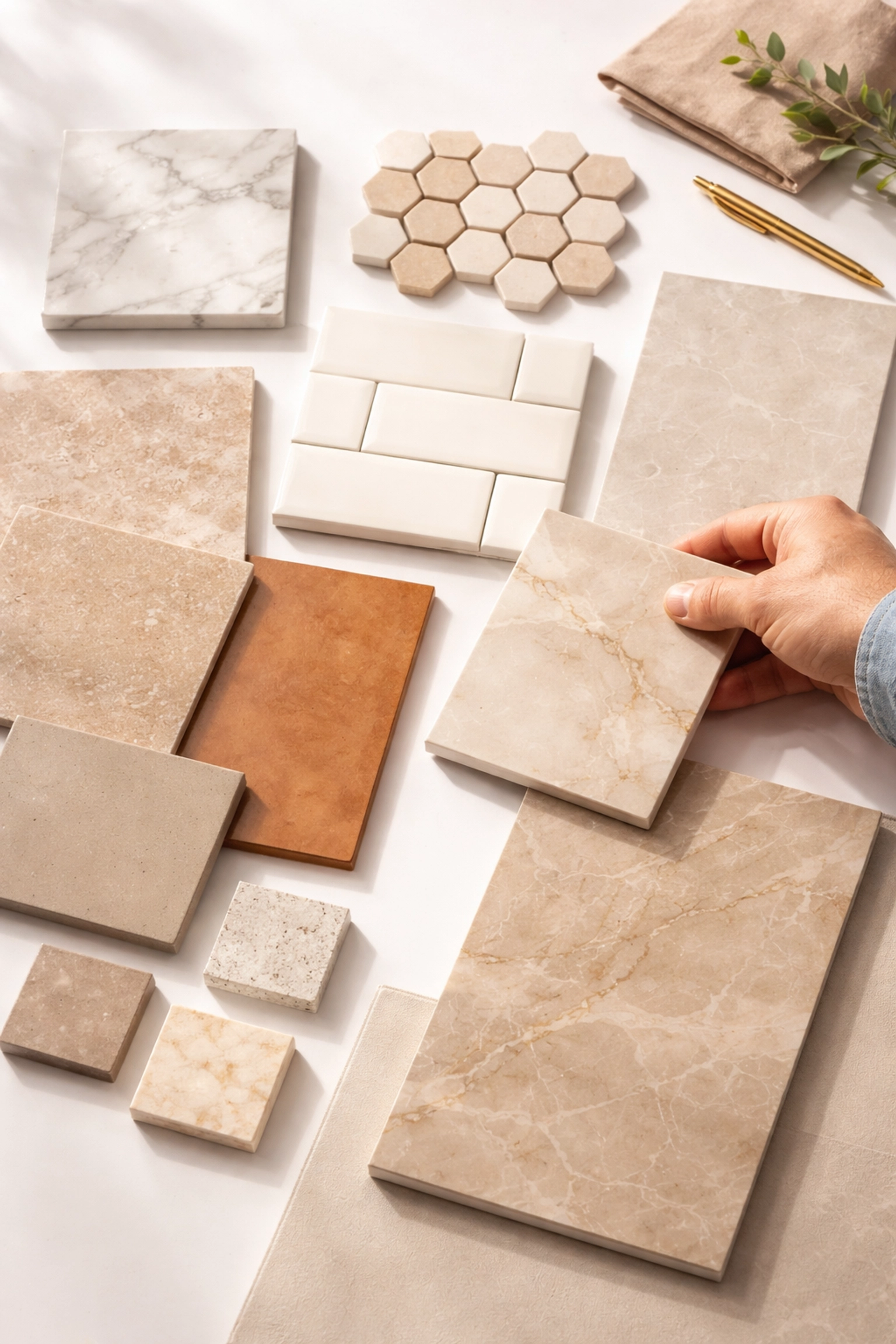 Selection of porcelain and ceramic tile samples for a Montgomery County, Pennsylvania bathroom remodel, showing material options compatible with heated bathroom floors Montgomery County PA.