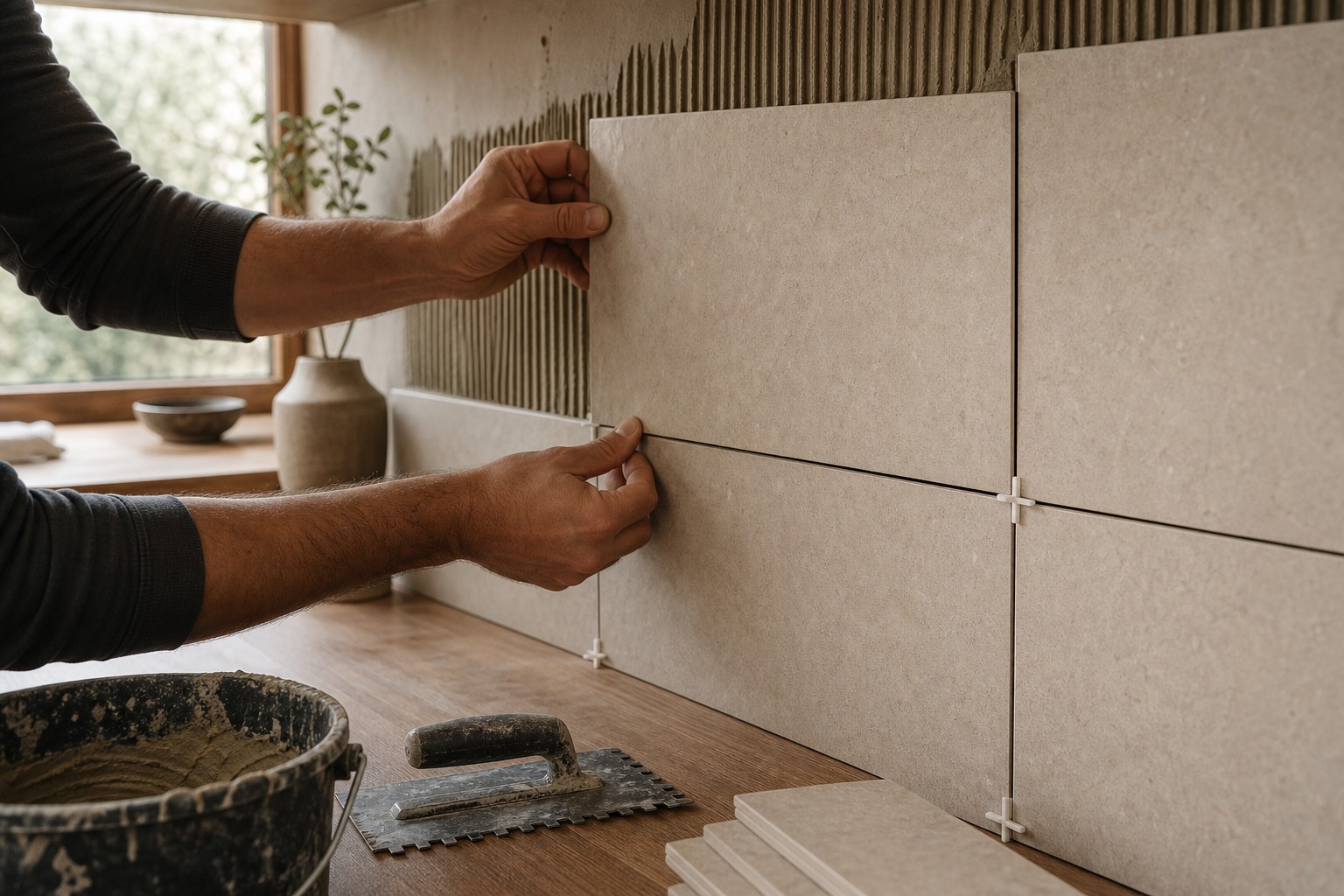 Tile installer setting warm matte porcelain tile for a Japandi tile design project in a Chester County PA home