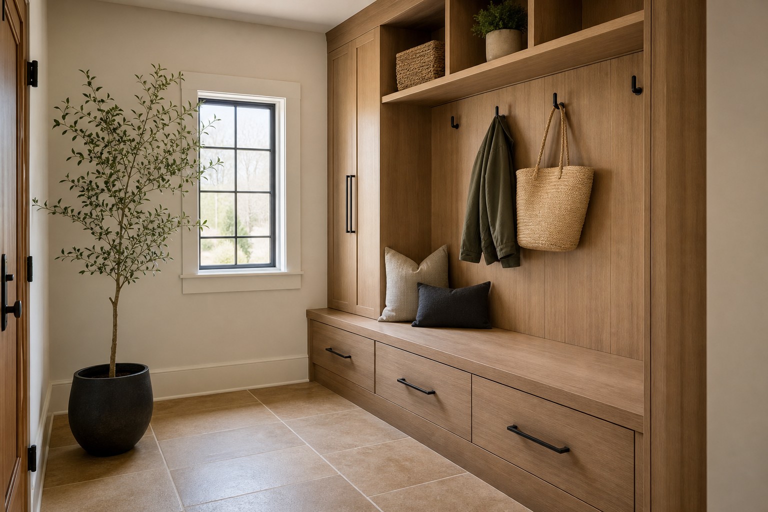 Japandi tile design mudroom with warm wood-look porcelain flooring in a Chester County PA home