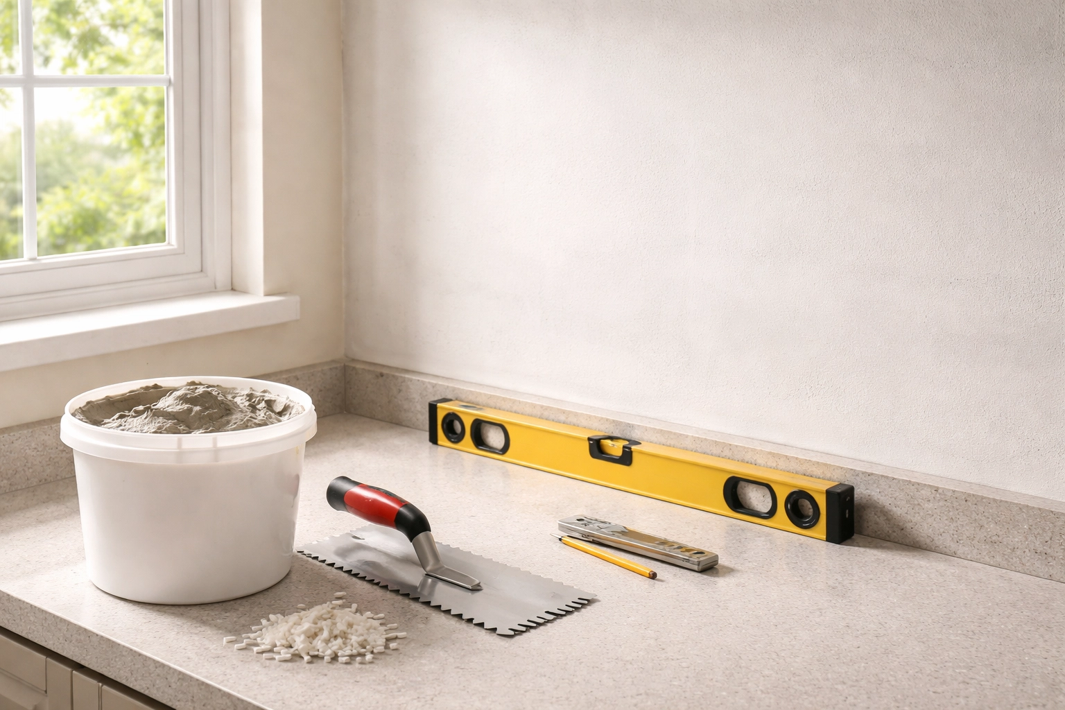 Kitchen countertop prepared for tile backsplash installation in a Pennsylvania home, showing mortar, trowel, level, and spacers used during kitchen backsplash installation PA.