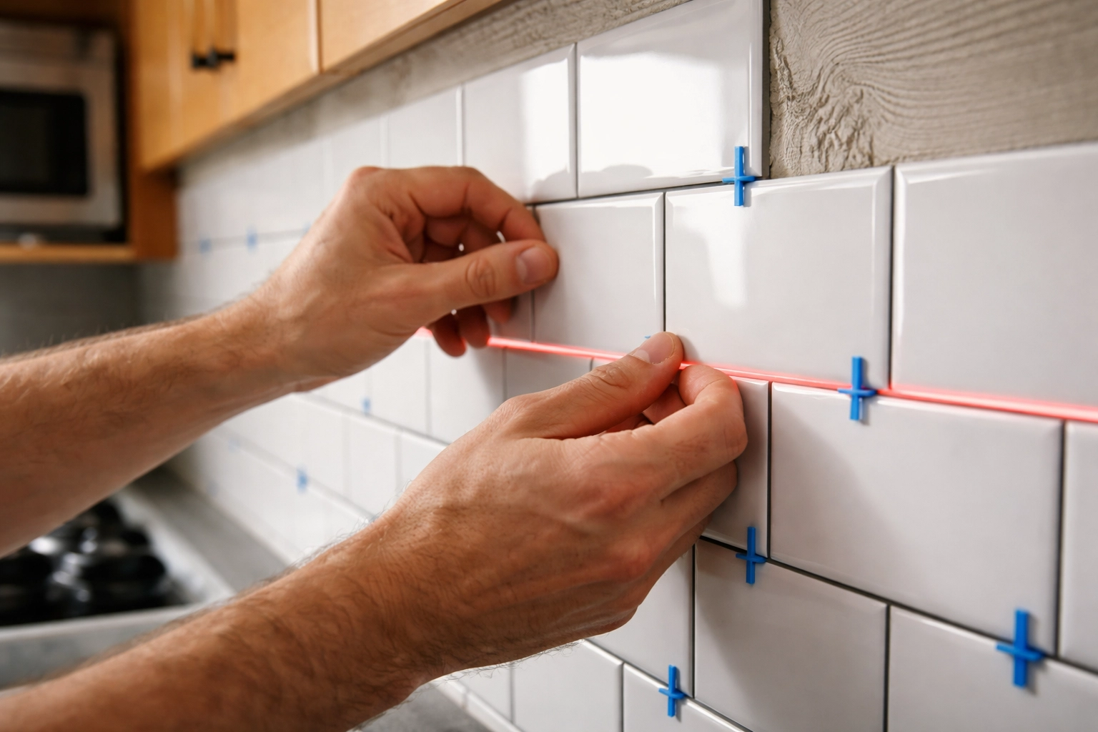 Close-up of a professional installer aligning white subway tiles with spacers and a laser level during kitchen backsplash installation PA, ensuring straight lines and even spacing.