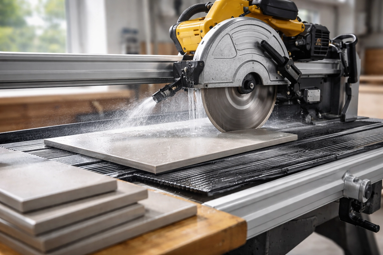 Professional wet saw cutting ceramic tile for a kitchen backsplash project in Pennsylvania, demonstrating precision fabrication required for kitchen backsplash installation PA.