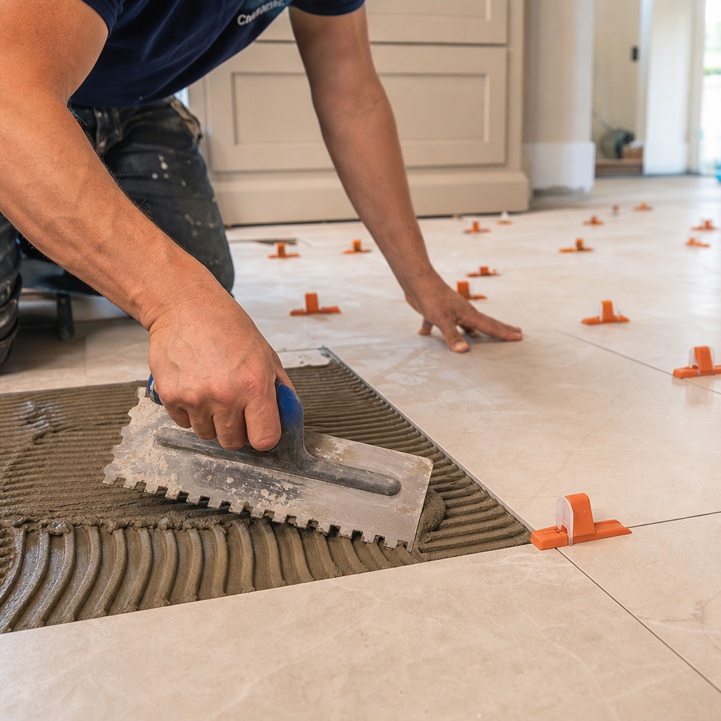 Professional kitchen floor tile installation in a Chester County PA home using leveling system and thinset mortar