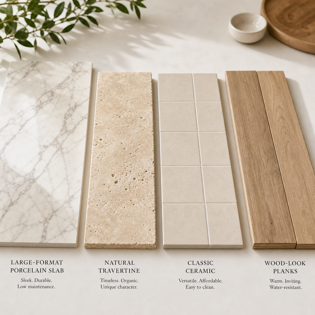 Kitchen floor tile material options for Chester County PA homes including porcelain, travertine, ceramic and wood-look plank
