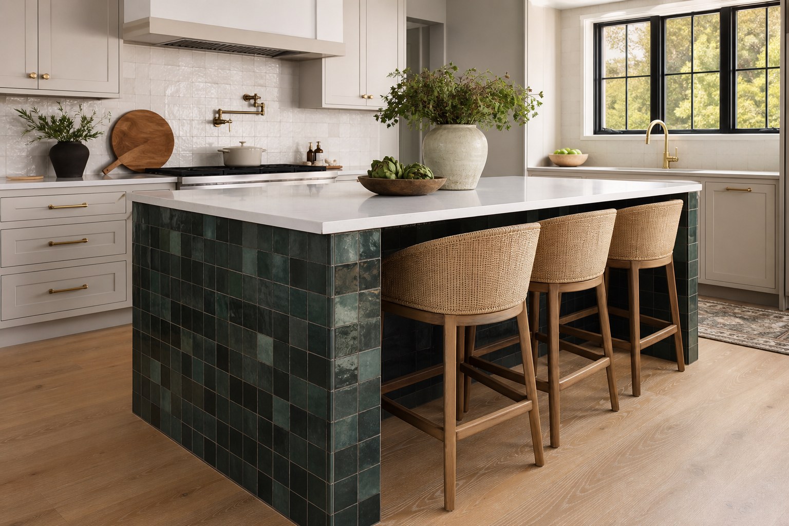 Large-format porcelain kitchen island tile with a mitered waterfall edge in a Chester County PA kitchen