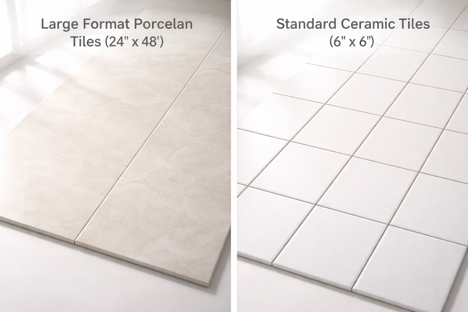 Side-by-side comparison of large format porcelain tiles versus standard ceramic tiles in a modern Pennsylvania bathroom remodel, highlighting layout, grout lines, and overall visual impact for large format tile vs standard tile bathroom PA.