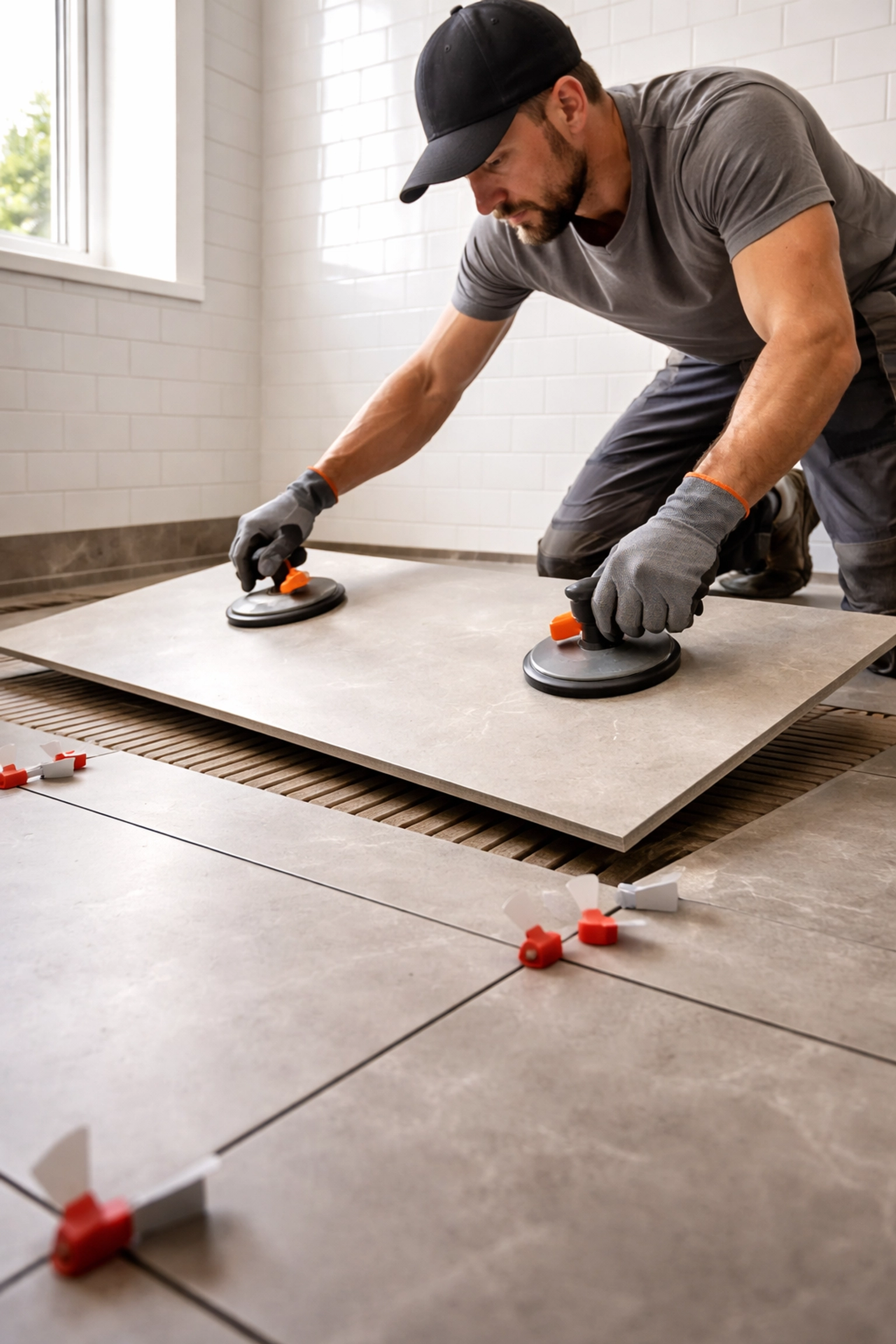 Professional tile installer setting large format porcelain tiles using suction cups during a Pennsylvania bathroom remodel, highlighting installation complexity differences in large format tile vs standard tile bathroom PA.