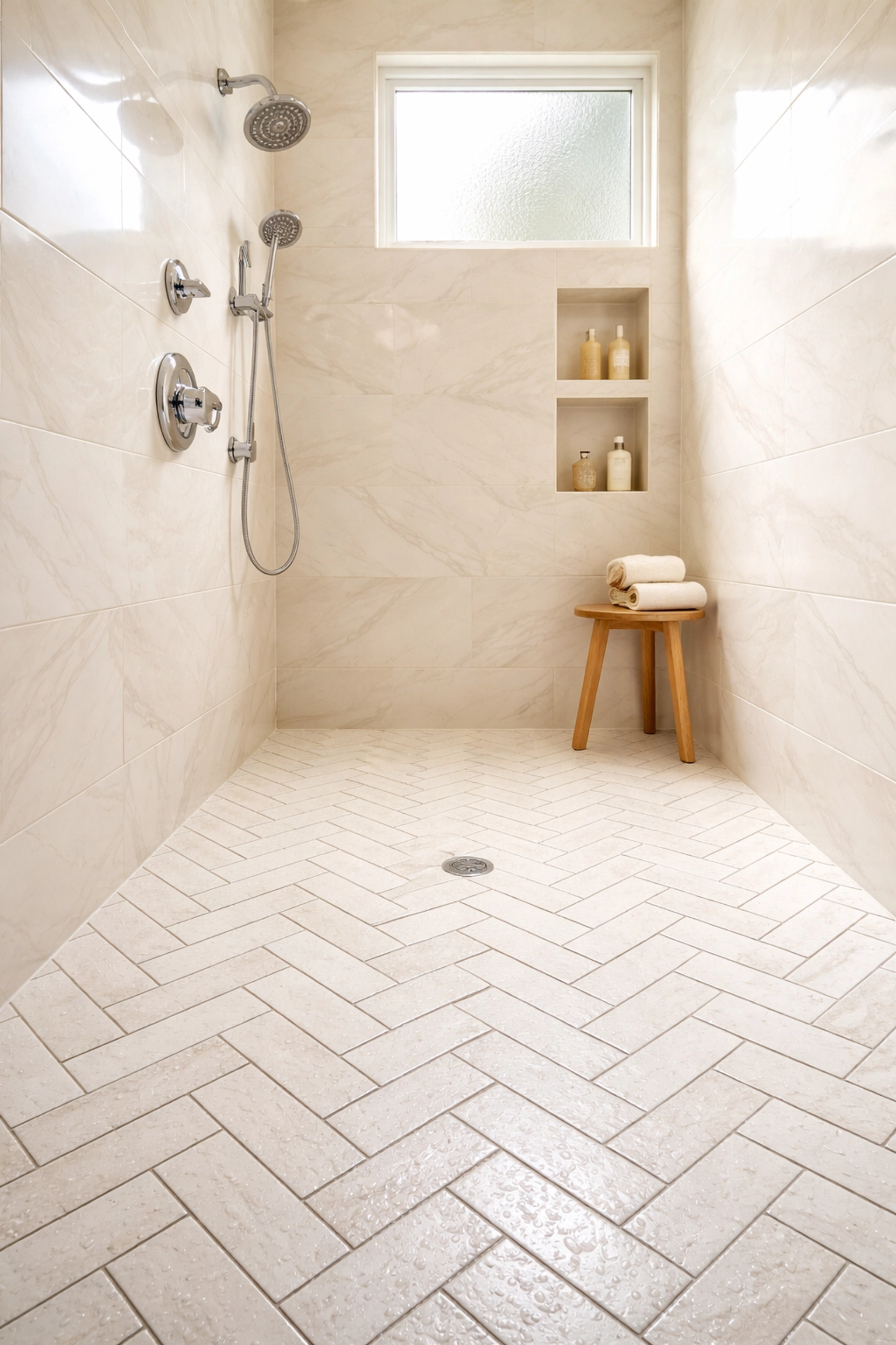 Walk-in shower featuring large format wall tiles and smaller patterned floor tiles in a Pennsylvania bathroom remodel, demonstrating maintenance, durability, and water resistance differences in large format tile vs standard tile bathroom PA.