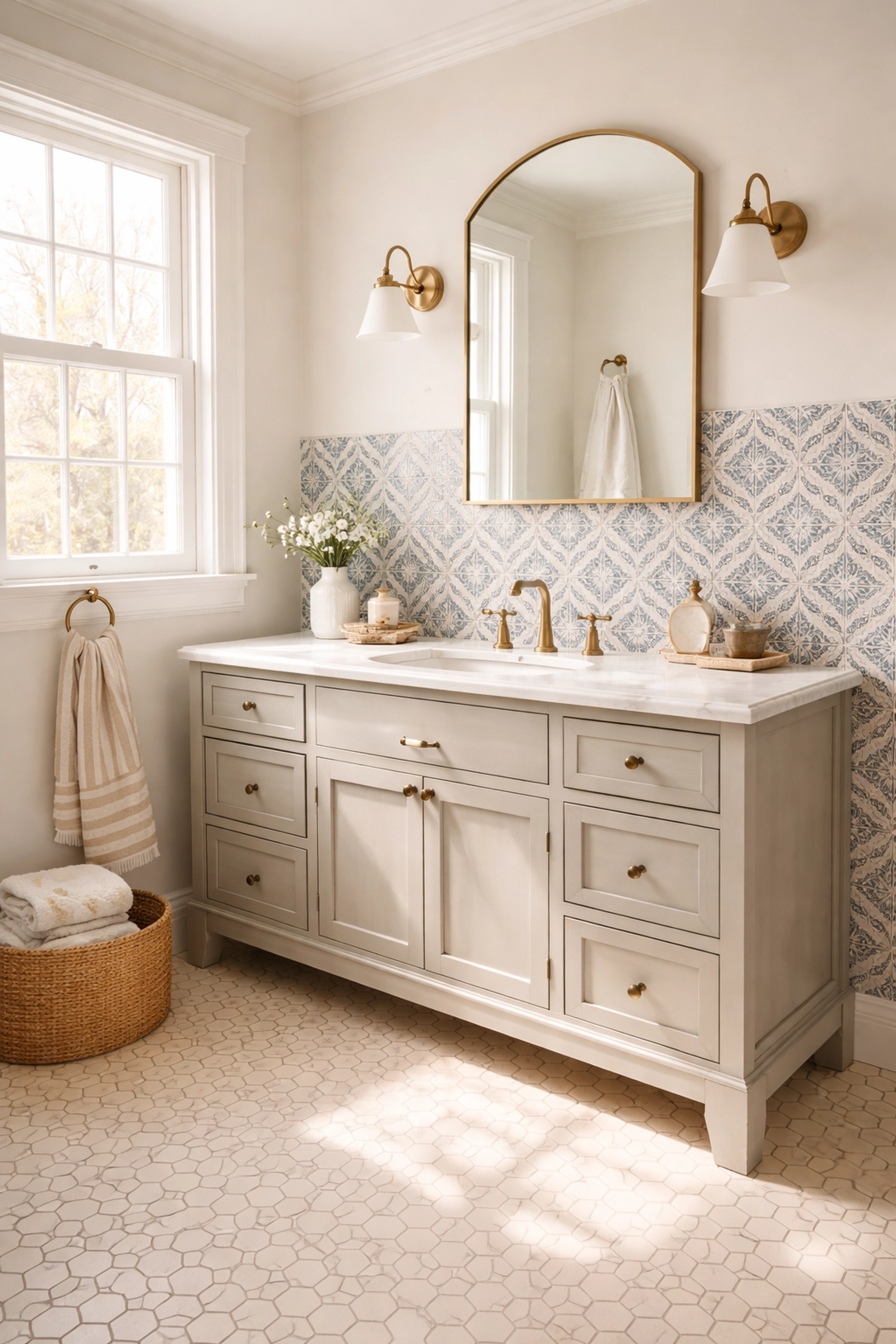 Traditional Pennsylvania bathroom remodel featuring standard-size patterned floor tiles and decorative wall tiles around the vanity, illustrating design situations where standard tile may be preferred in large format tile vs standard tile bathroom PA comparisons.