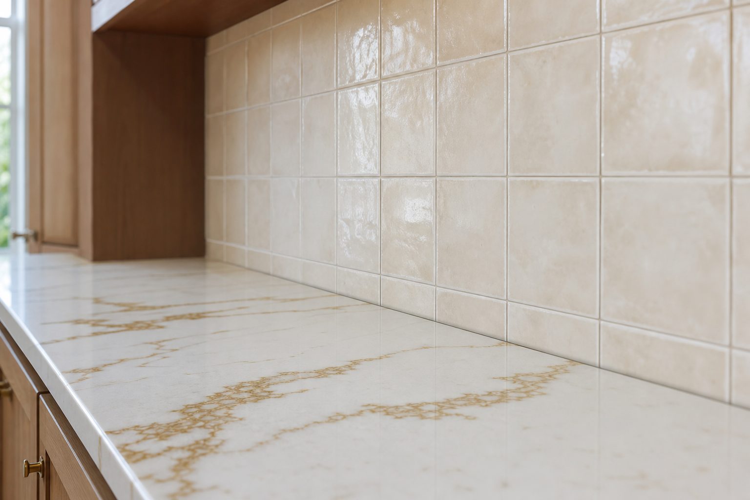 Matching kitchen tile backsplash to a quartz countertop and warm cabinet tones in a Chester County PA home