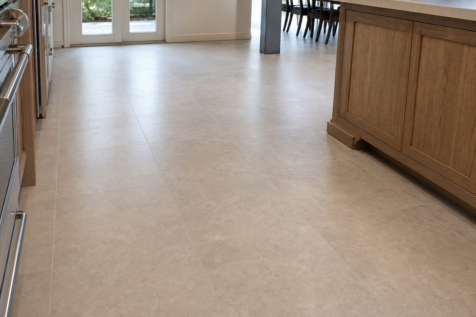 Large-format kitchen floor tile coordinated with wood-tone cabinetry in a Chester County PA home