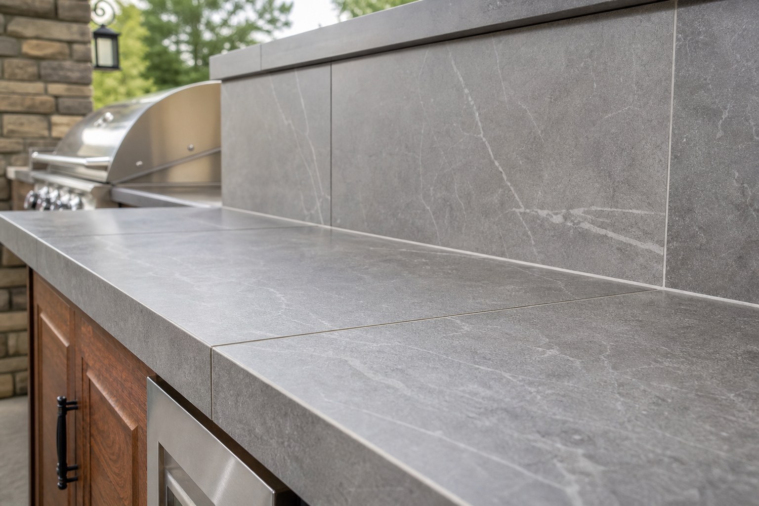 Outdoor kitchen tile backsplash and countertop installation in a Chester County PA home
