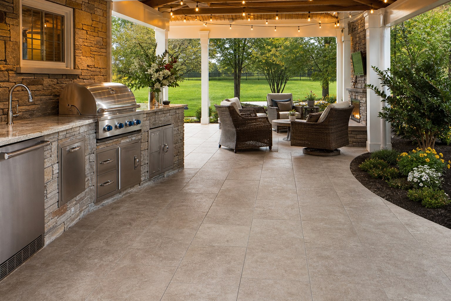 Slip-resistant outdoor kitchen tile flooring transitioning to a covered patio in Chester County PA