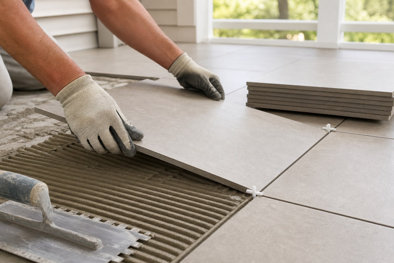 Installer setting frost-resistant porcelain tile during a screened porch tile installation in a Chester County PA home
