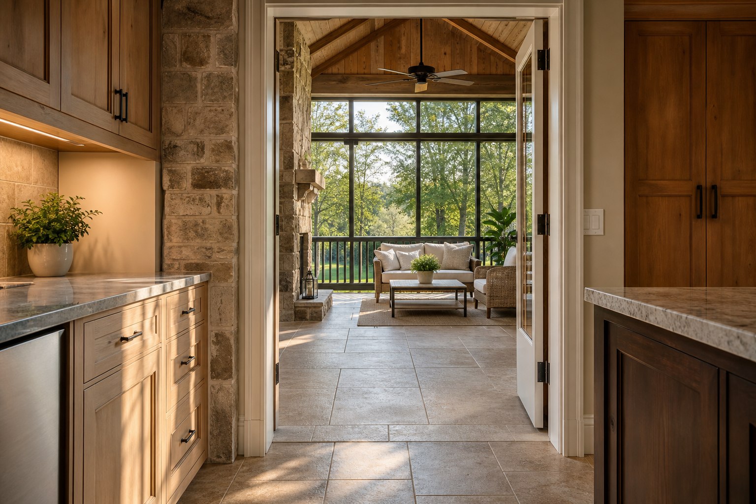 Finished screened porch tile flooring blending into the interior of a Chester County PA home