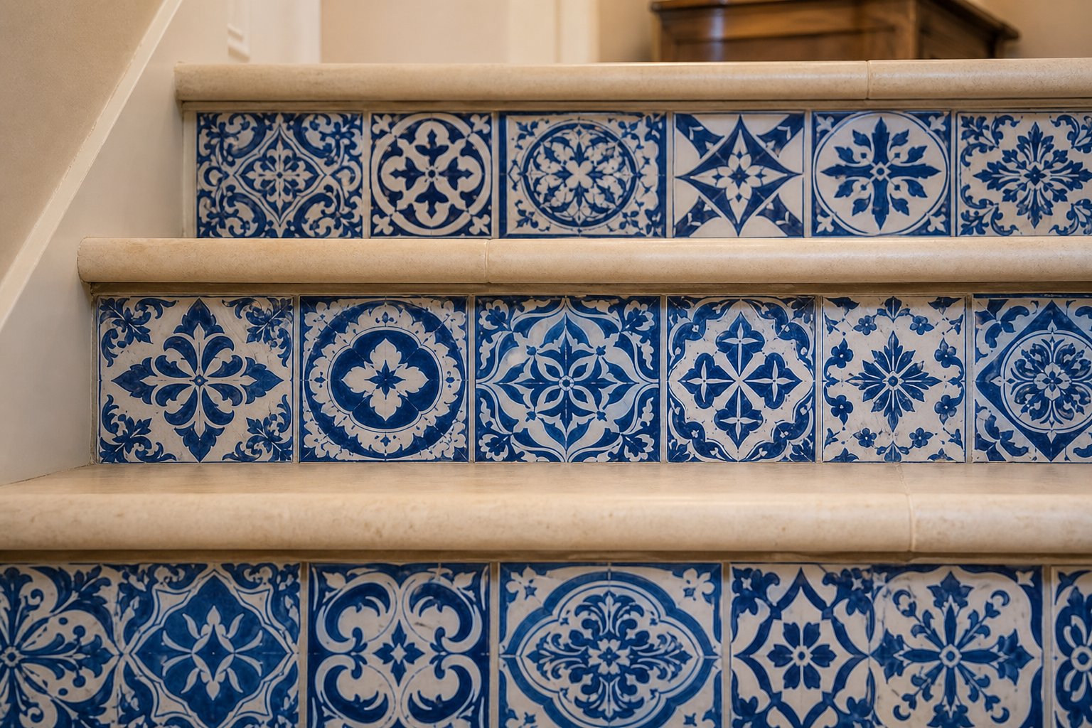 Decorative hand-painted ceramic tile risers with neutral porcelain treads on a residential staircase