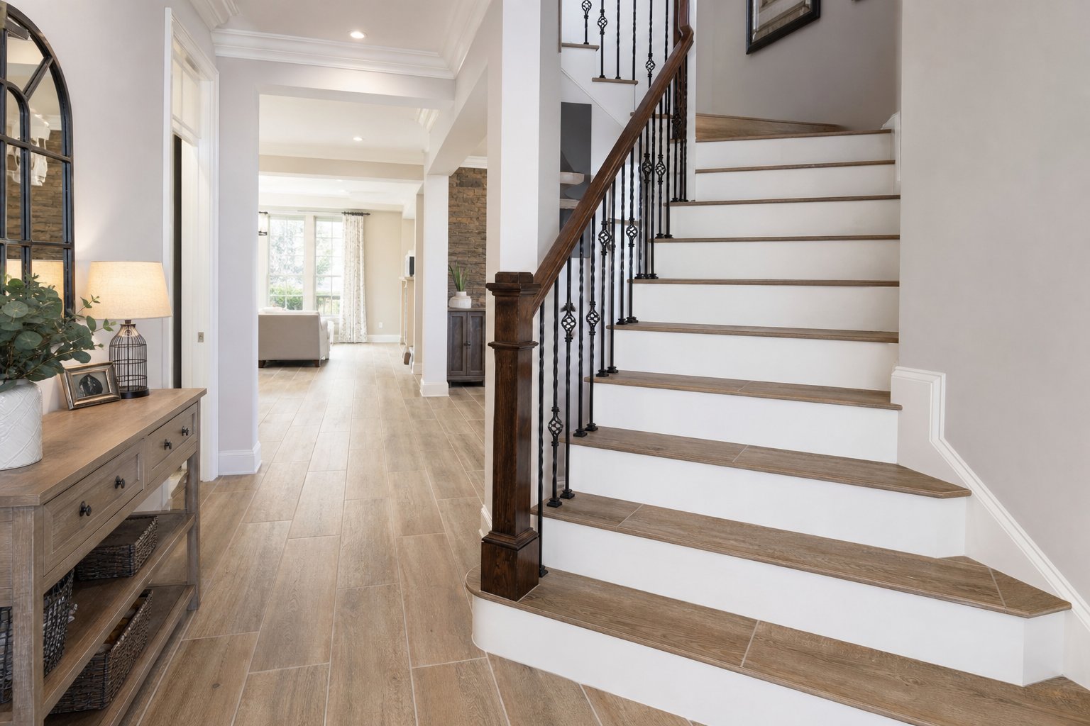 Wood-look porcelain tile staircase with white risers in a modern transitional Chester County home