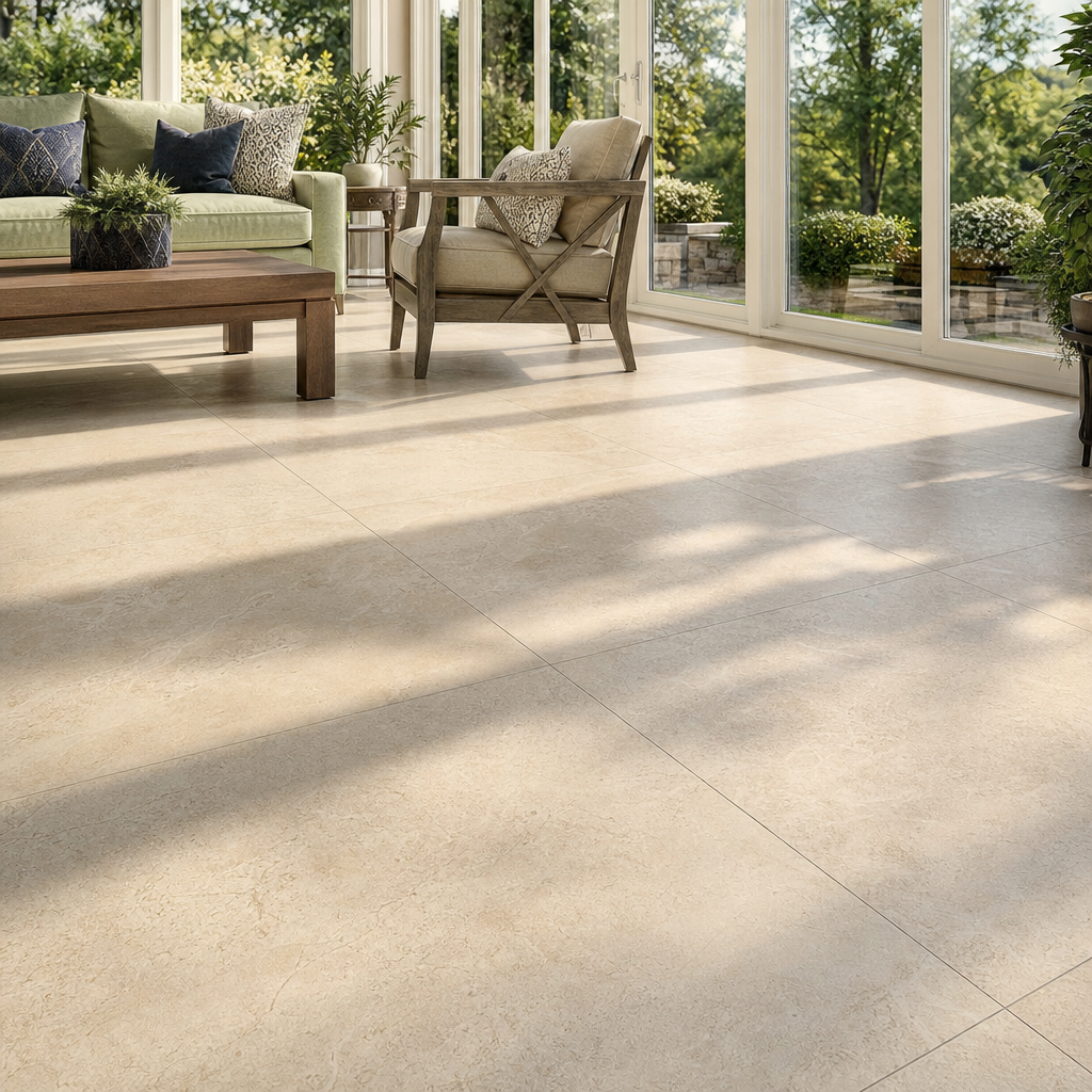 Finished sunroom tile floor in a Chester County PA residential home with large-format porcelain in warm neutral tones and natural light