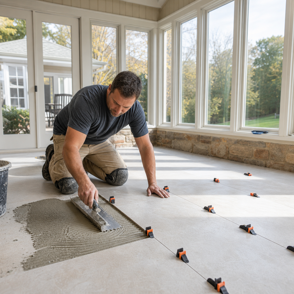 Professional installer laying sunroom tile installation Chester County PA home using leveling system and thinset