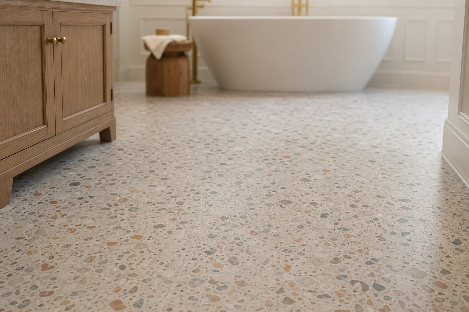 Terrazzo tile bathroom floor installation in a Chester County PA home