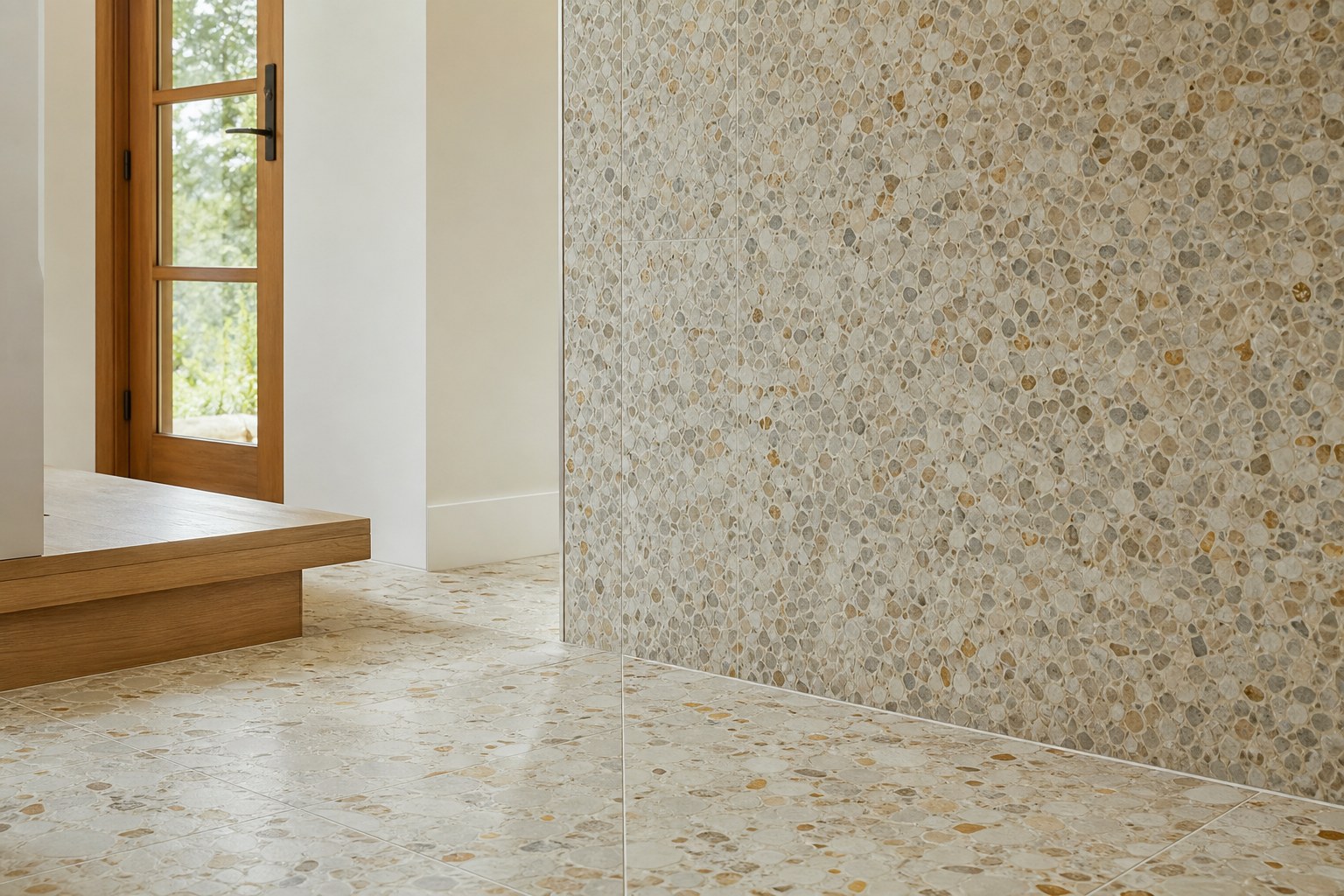 Terrazzo tile accent wall and entryway flooring transition in a Chester County PA home
