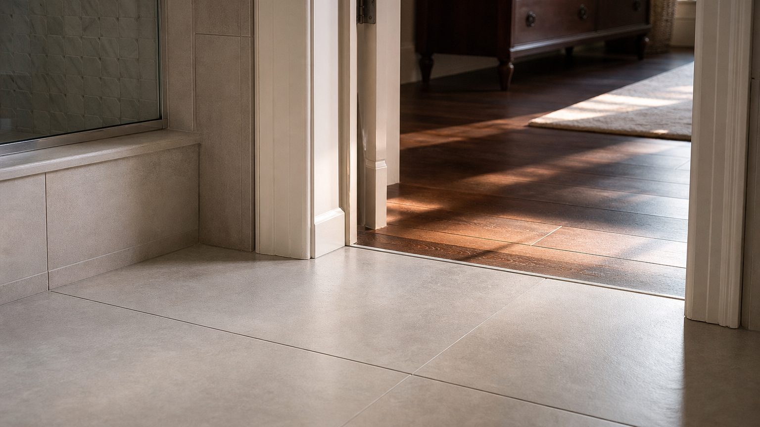 Tile expansion joints Chester County PA doorway transition with large-format porcelain tile