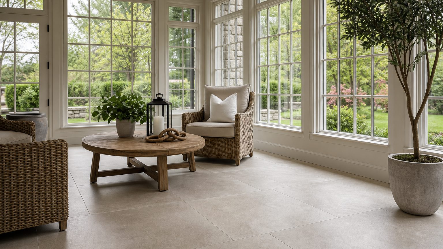 Sunroom porcelain floor with concealed perimeter movement space in a Chester County home
