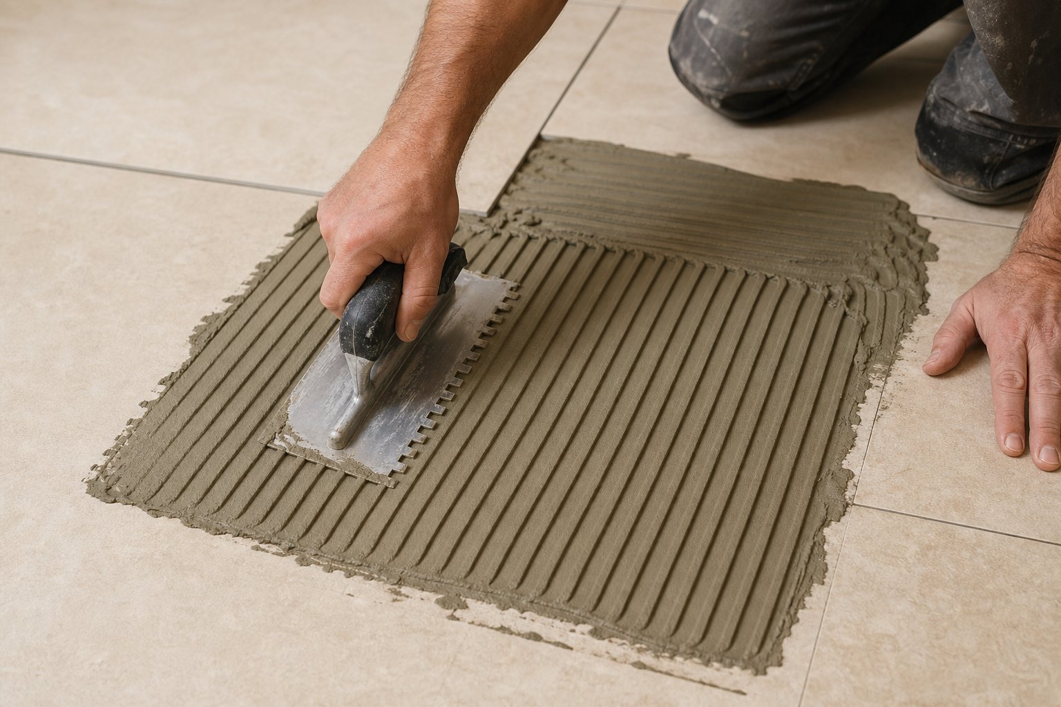 Tile installer checking existing floor tile with tap test before overlay installation in Chester County home