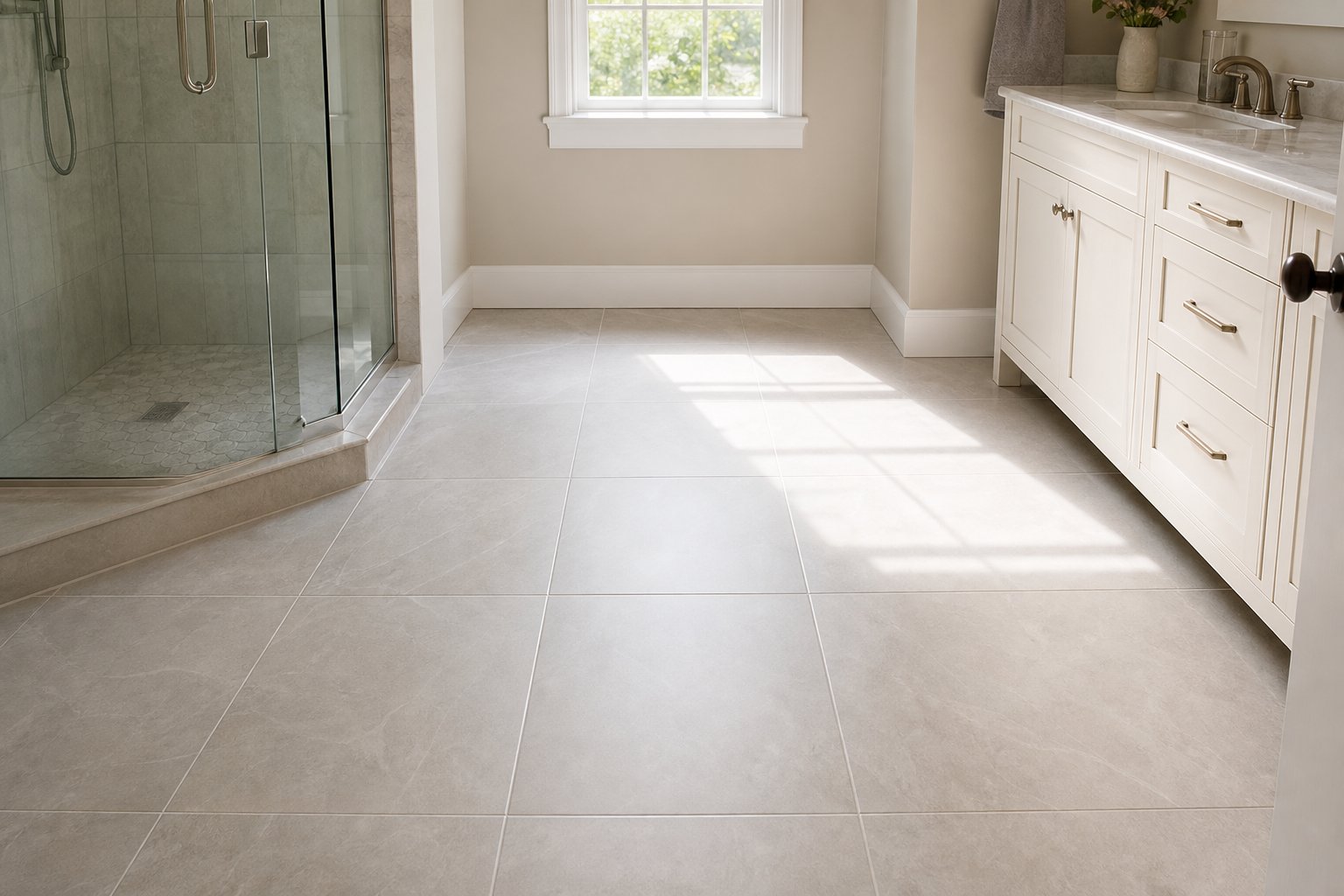 Fresh large format porcelain tile installed over existing floor tile in Chester County bathroom renovation
