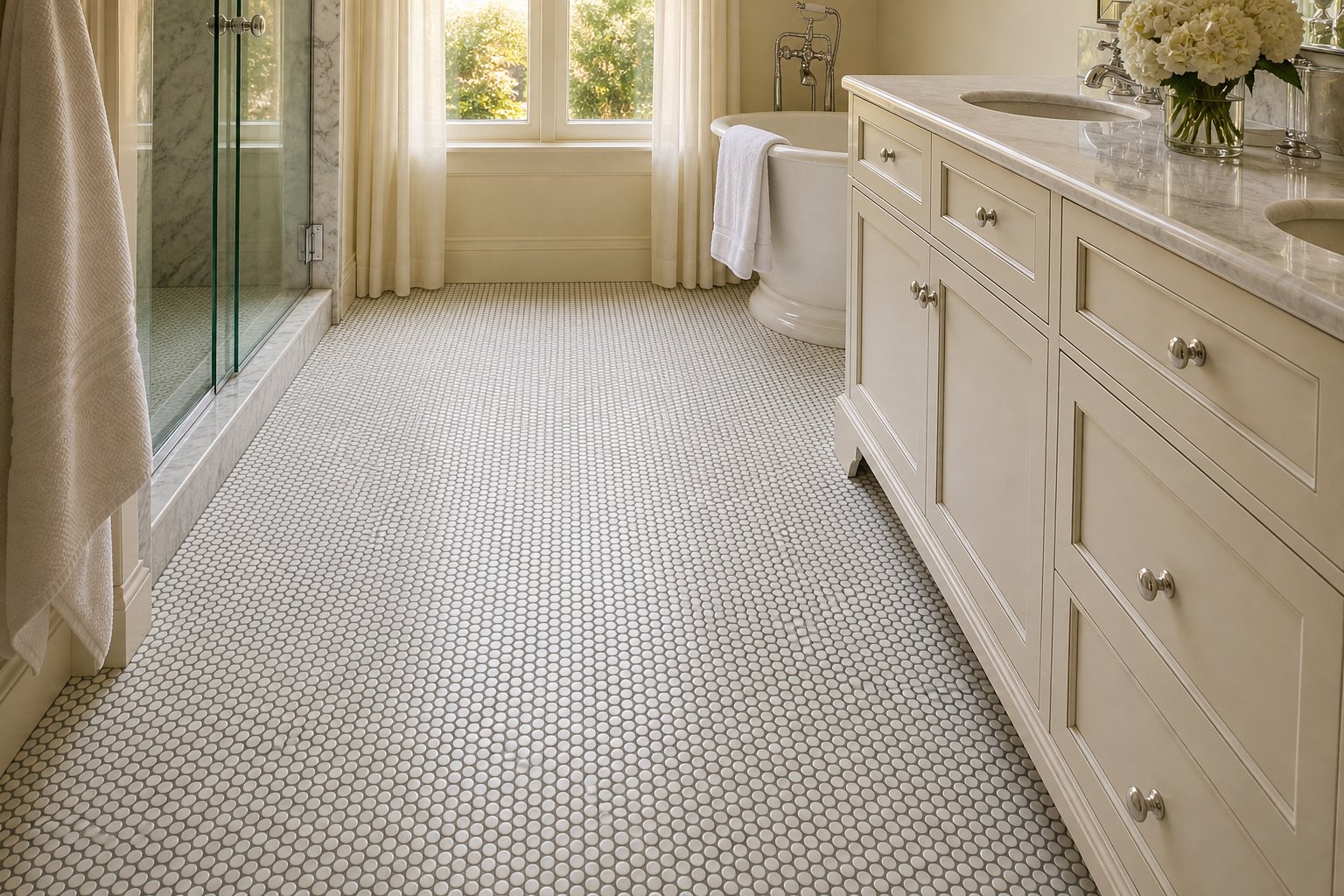 Classic white penny tile bathroom floor with dark grout in Chester County home